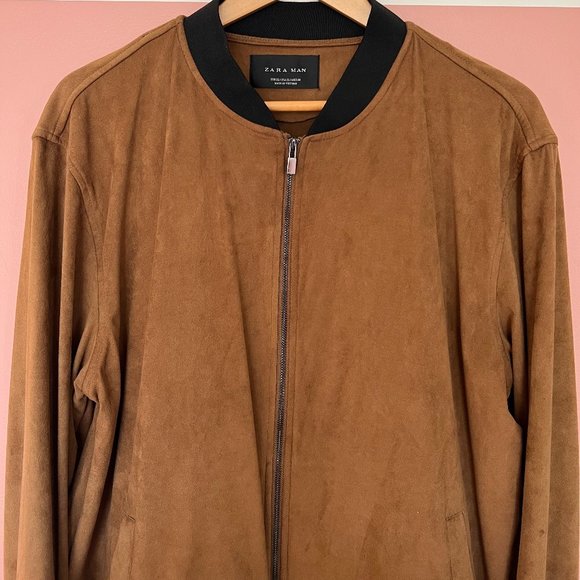Zara Men's Bomber Jacket. Suede. Tan with Black Detailing. Large. - Picture 2 of 5